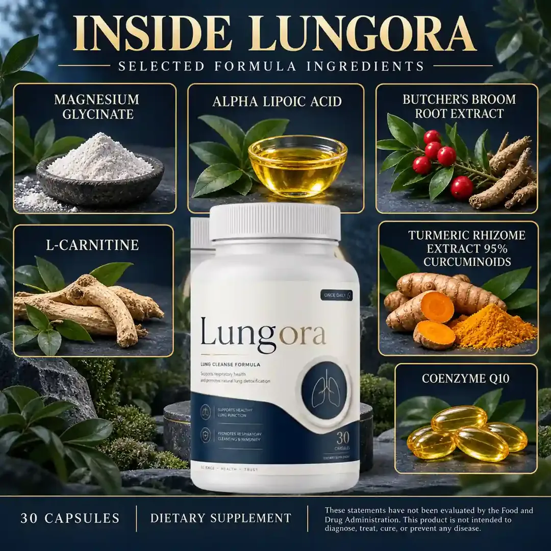Lungora ingredient artwork naming the six formula ingredients around the bottle